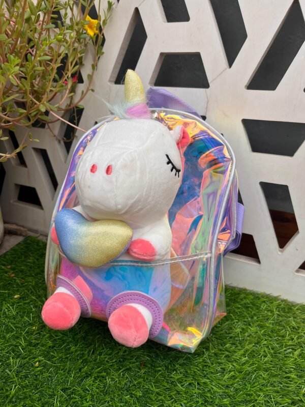 Unicorn soft toy school bag - holographic